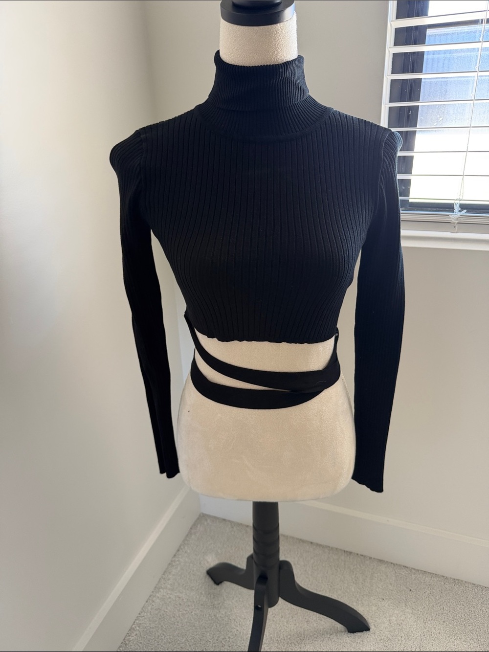 Hera Collection Black Ribbed Wrap Turtleneck Crop
